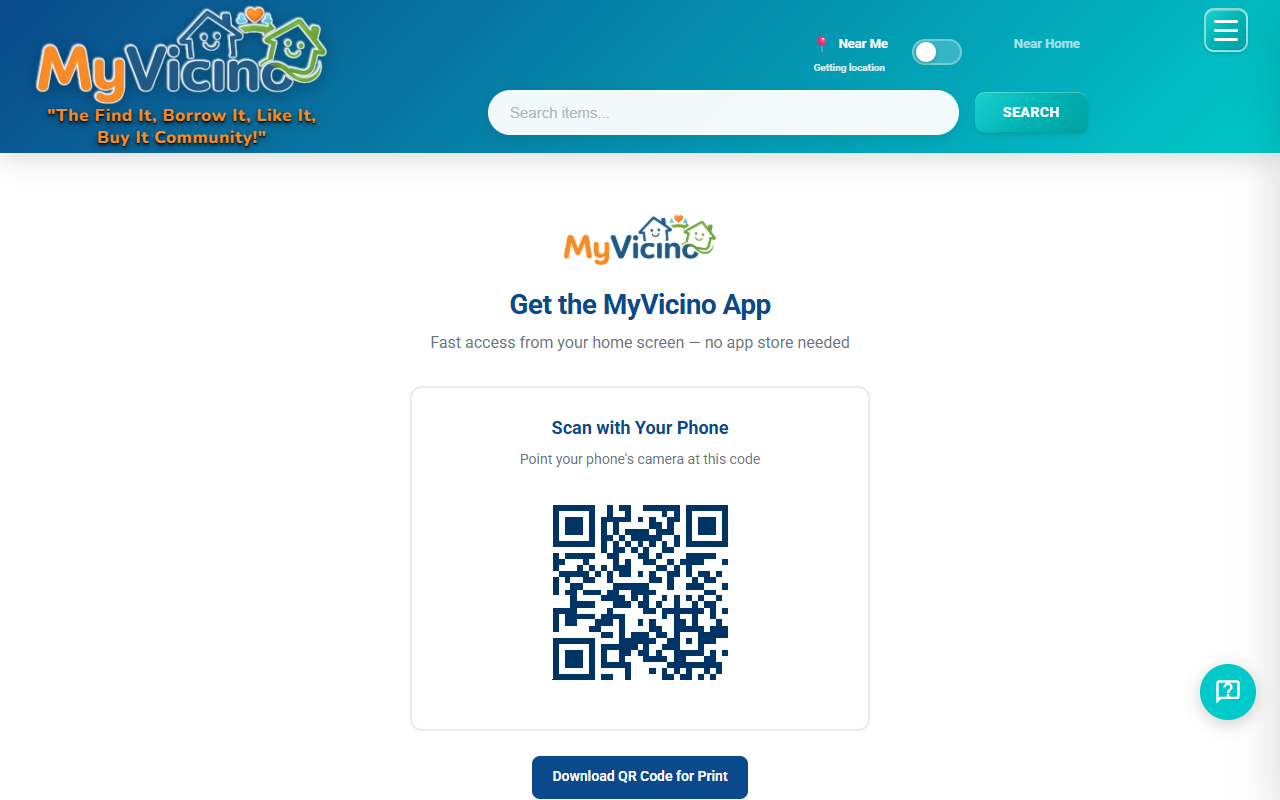 Install page — desktop with QR code